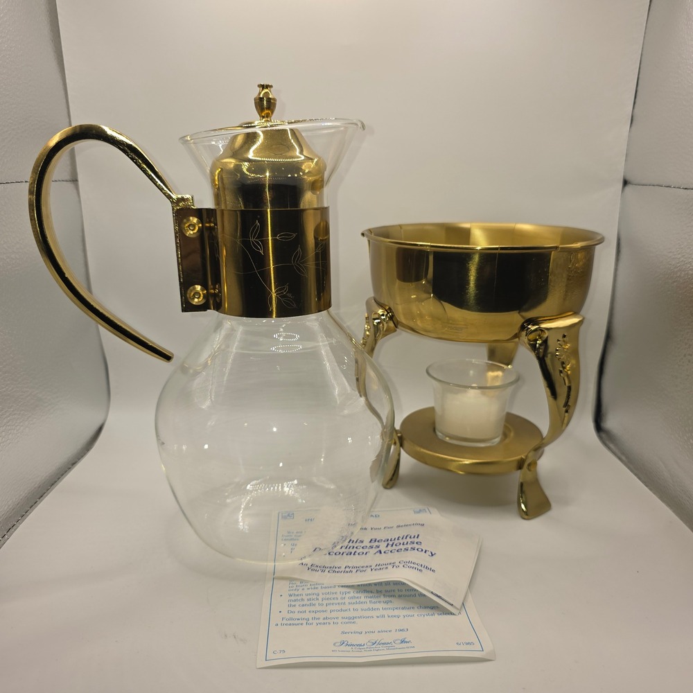 Princess House Heritage Crystal Carafe with Gold Warming Stand Vintage 1985
